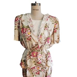Vintage SL Fashions 80s Floral Shoulder Pads Dress‎ Size M Made In USA